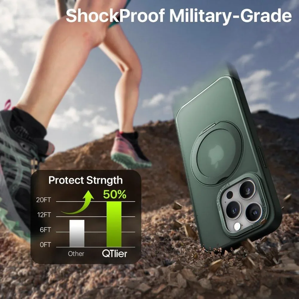 QTlier Green case iPhone 15 promax, 360 Rotatable Ring Stand, Raised Camera Fram